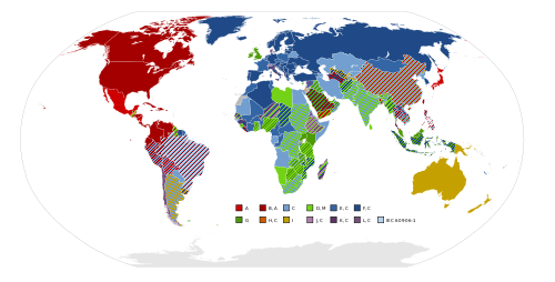 Weltkarte Netzsteckertypen Quelle: Wikipedia