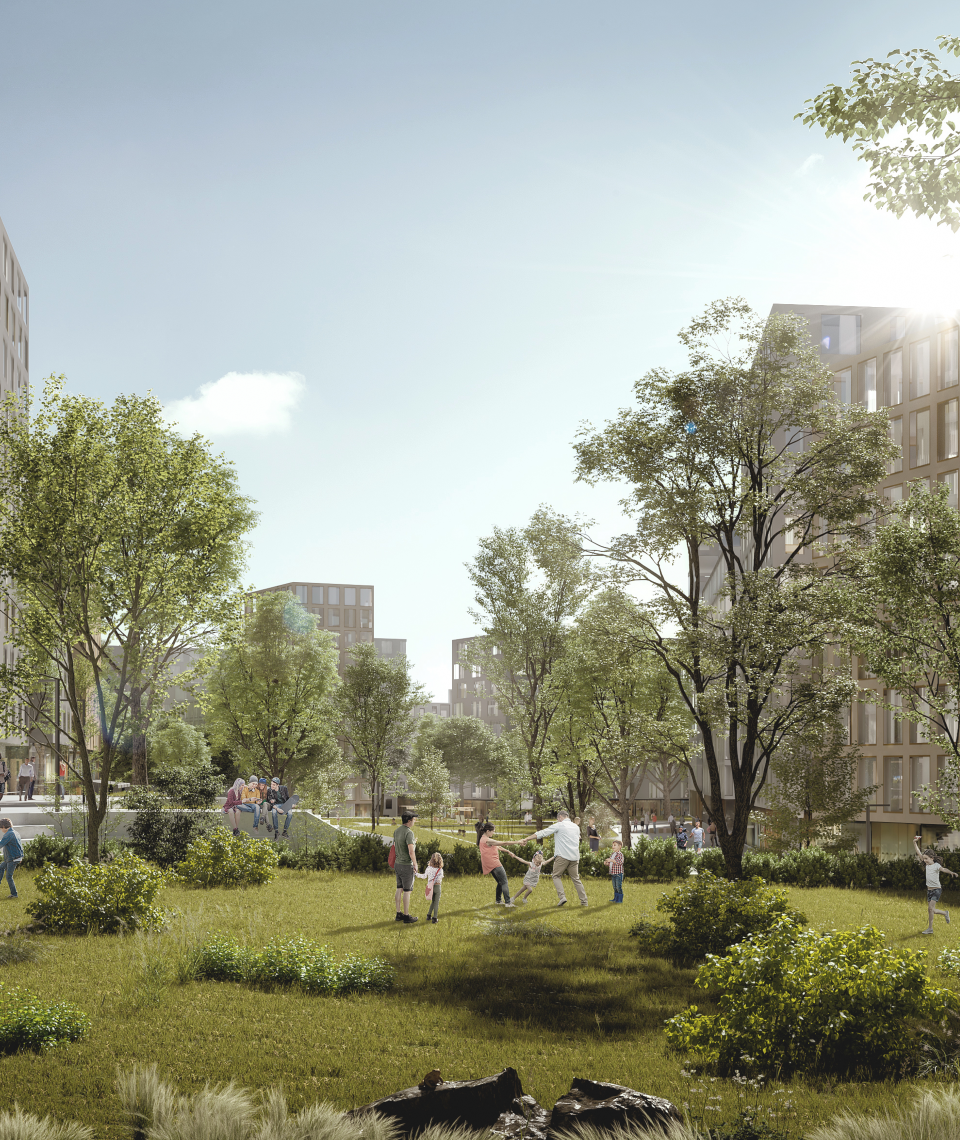 Beitragsbild: Viel grün und nachhaltig konzipiert: Das Village im Dritten hat sich in Punkto Innovation viel vorgenommen. Fotocredit: © Superblock ZT GmbH/ARE