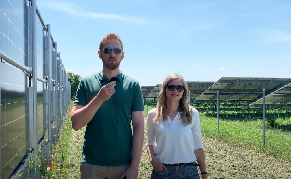 Bei strahlend blauem Himmel spazieren unsere Profis Julia und Ernst mit uns zwischen den Solarmodulen und erklären, was es mit der Agrar-PV auf sich hat.